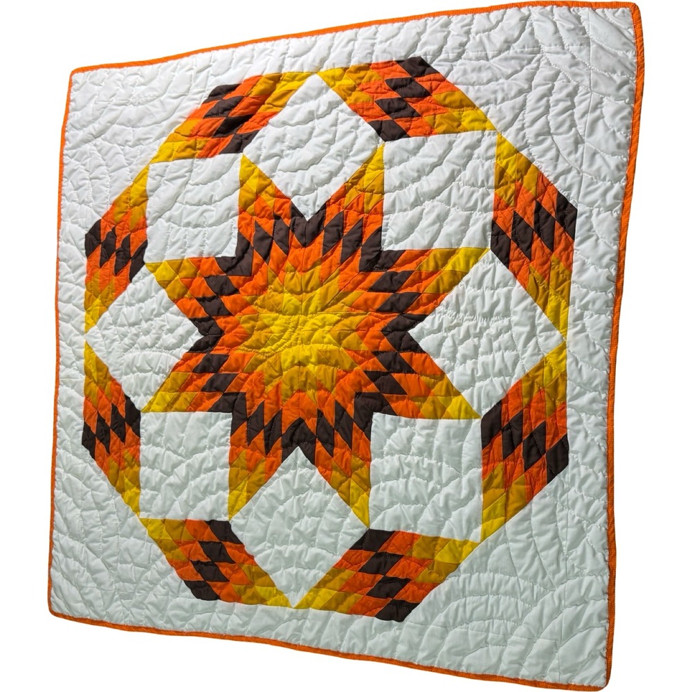 Vintage 1970s Hand Quilted Machine Pieced Star Quilt Orange Brown Yellow 50"